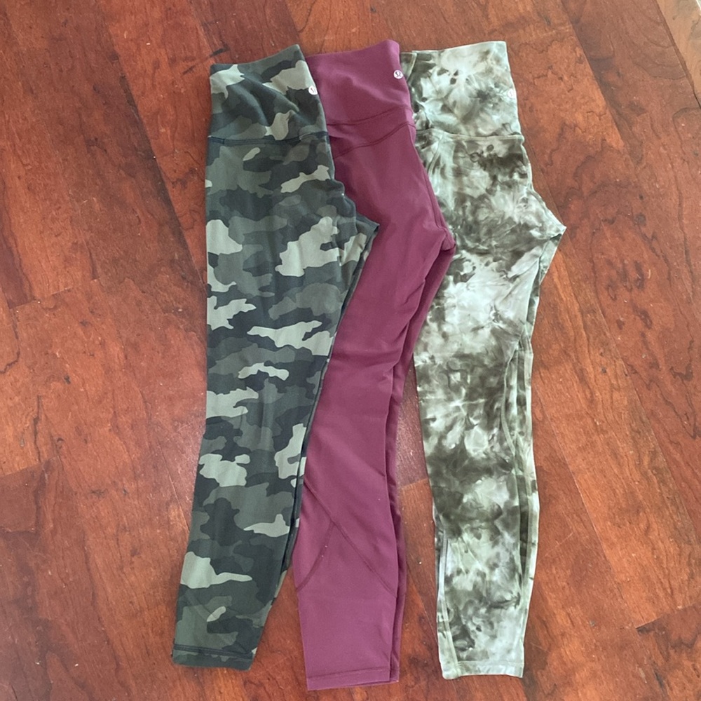 Bundle of 3 LULULEMON Size 6 Leggings 
Maroon, Green Camo and Green Tie Dye - Picture 2 of 9